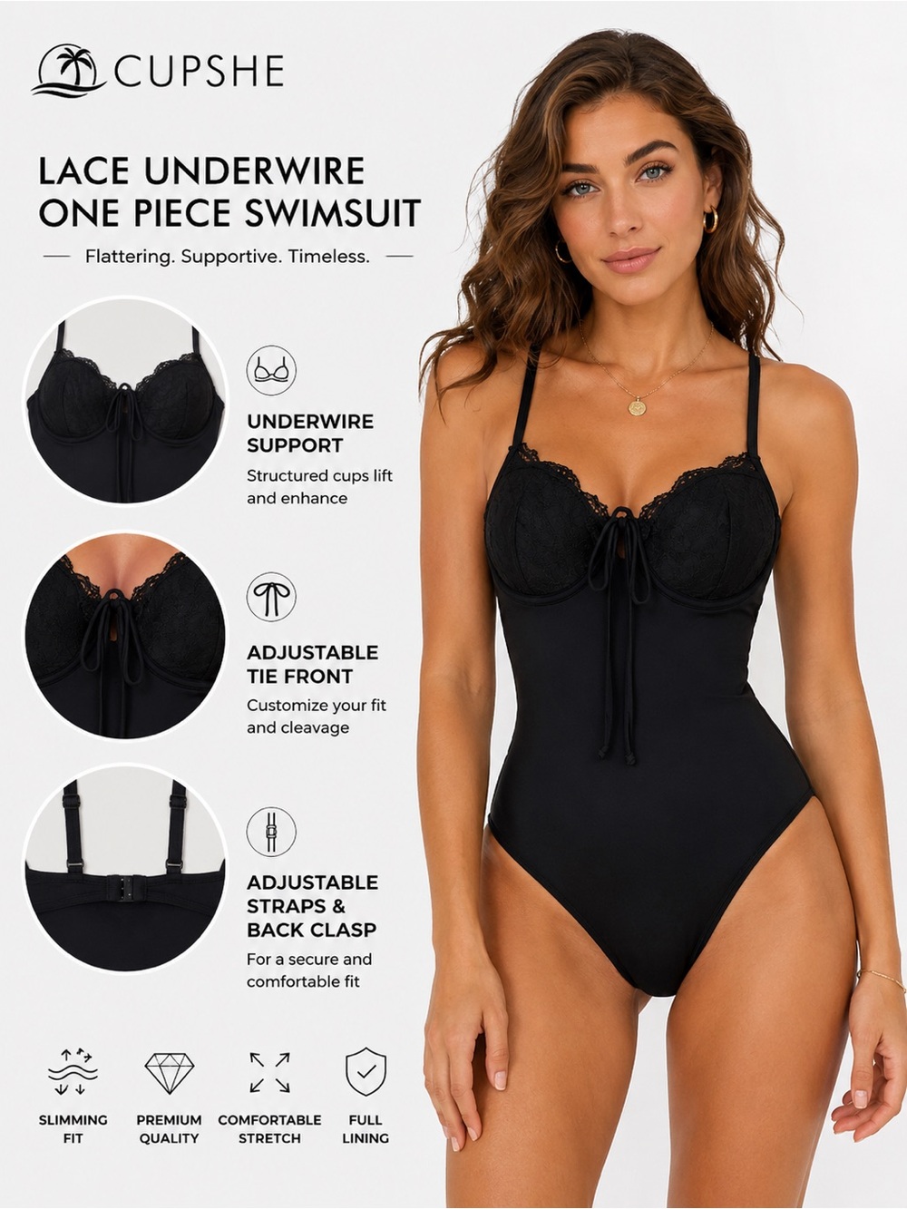 Cupshe Black Lace Underwire One-Piece Swimsuit with Adjustable Straps